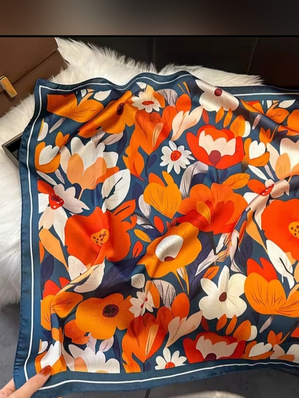 Bold Floral Square Scarf in Navy, Orange & Red